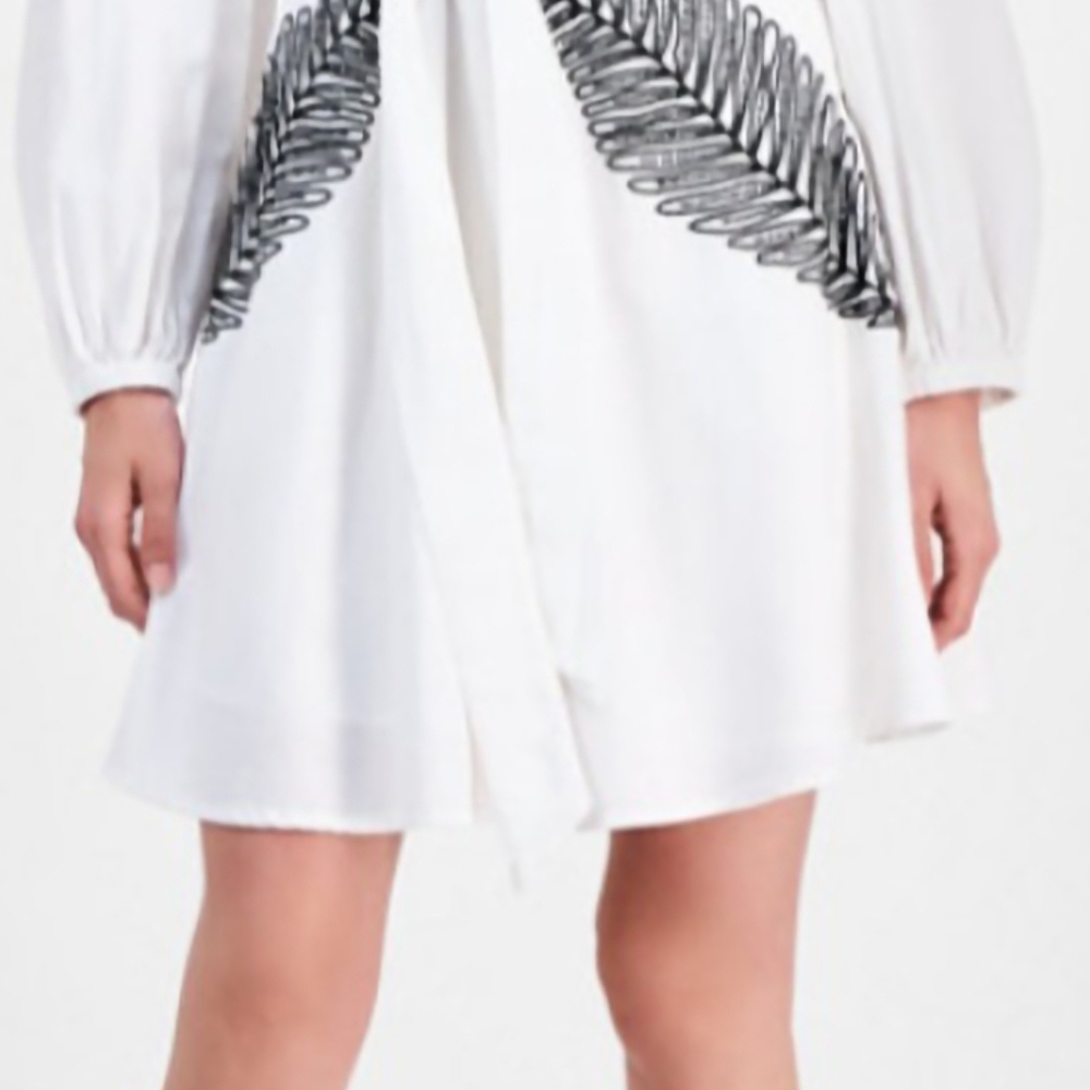 INC International Concepts White Long Sleeve Dress with Black Leaf Design